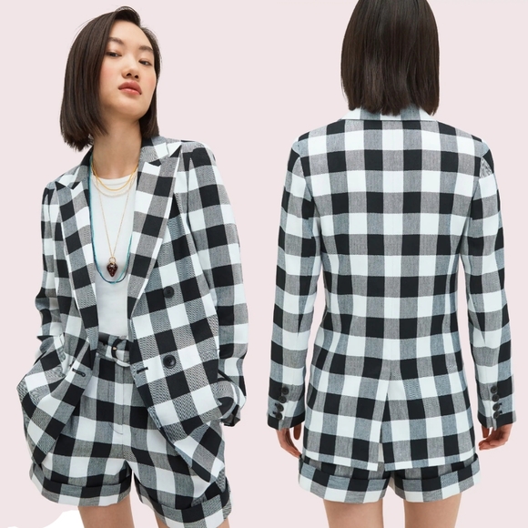 NEW Kate Spade oversized linen black & white gingham blazer